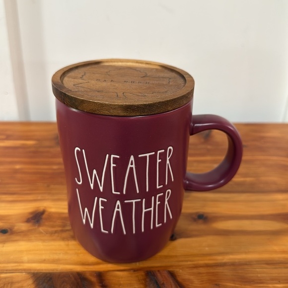 Rae Dunn Maroon SWEATER WEATHER Mug w/ Wood Fall Maple Leaf Coaster - Picture 2 of 7